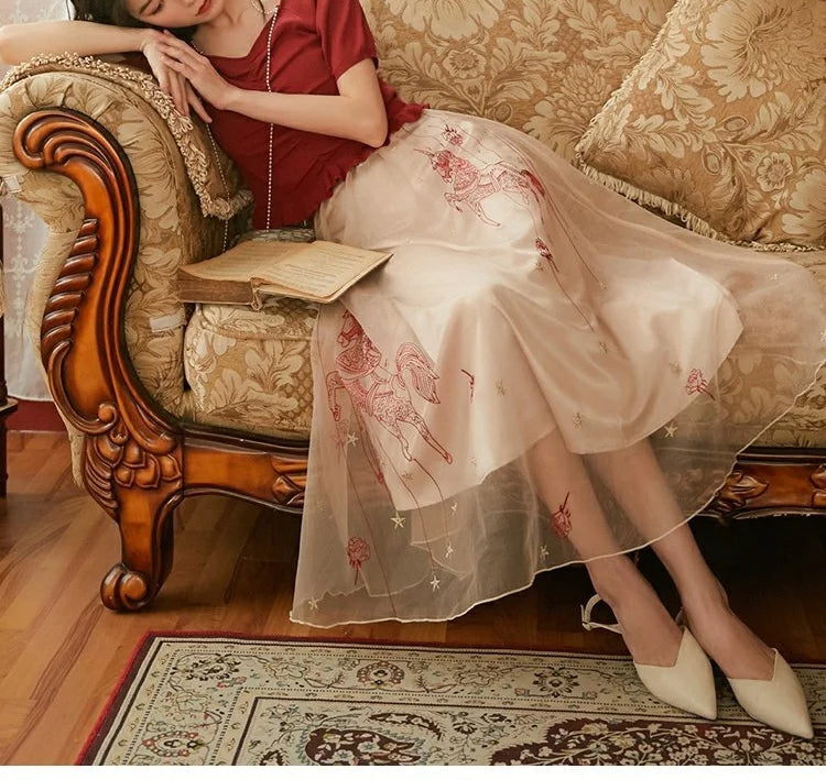 Organza Floral Embroidery Sweet Fashion Two Layered Skirt