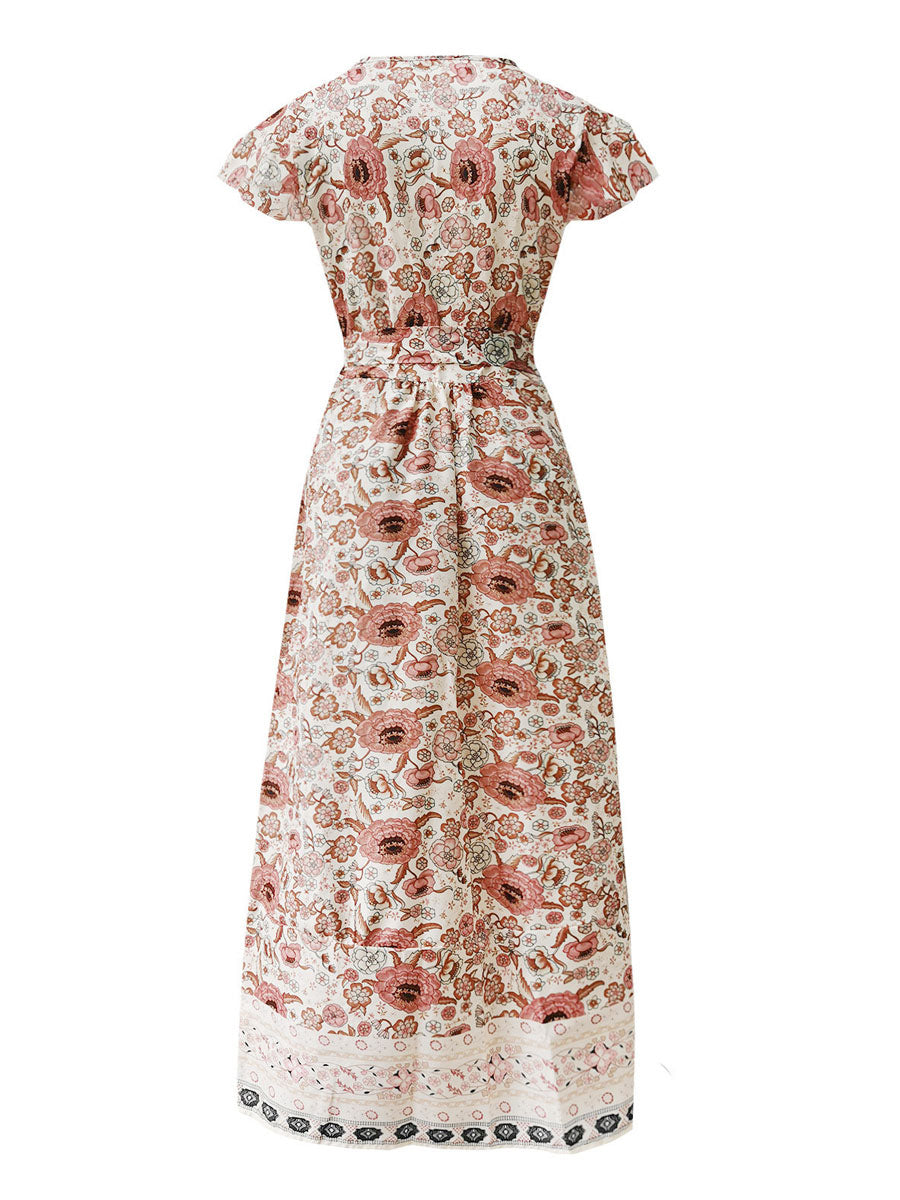 Boho Floral Wrap Maxi Dress For Women - Cream Ethnic Print V Neck Short Sleeve Dress - Summer Beach Vacation 2026