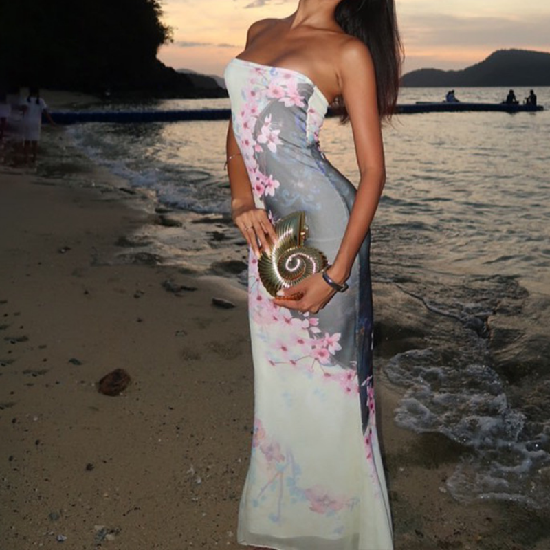 Backless flower print contrast maxi dress