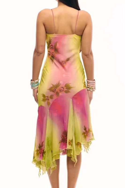 Floral Embroidered Spaghetti Strap Handkerchief Hem Midi Dress