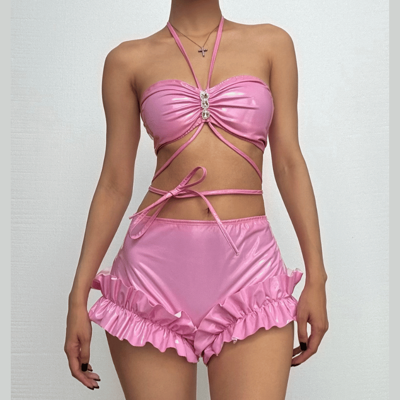 PU leather ruffled halter heart button pant set
