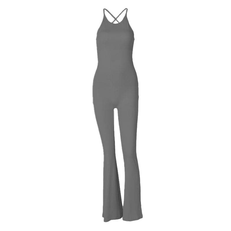 U neck cross back solid backless cami jumpsuit