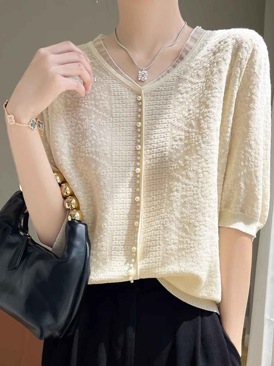 Alexis Retro V-Neck Lantern Sleeve Organza Top-Black