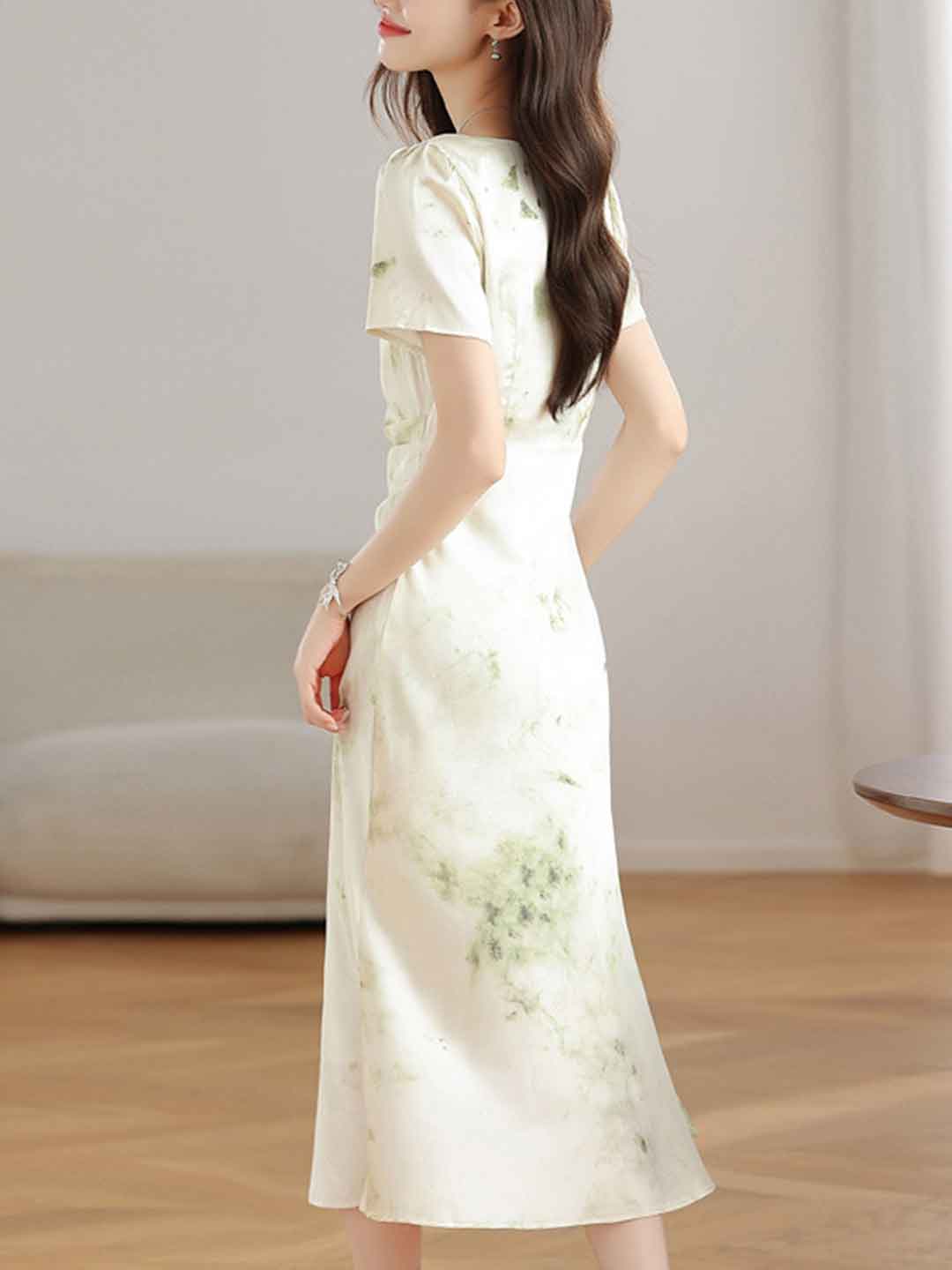 Ariana Elegant Square Neck Satin Printed Dress