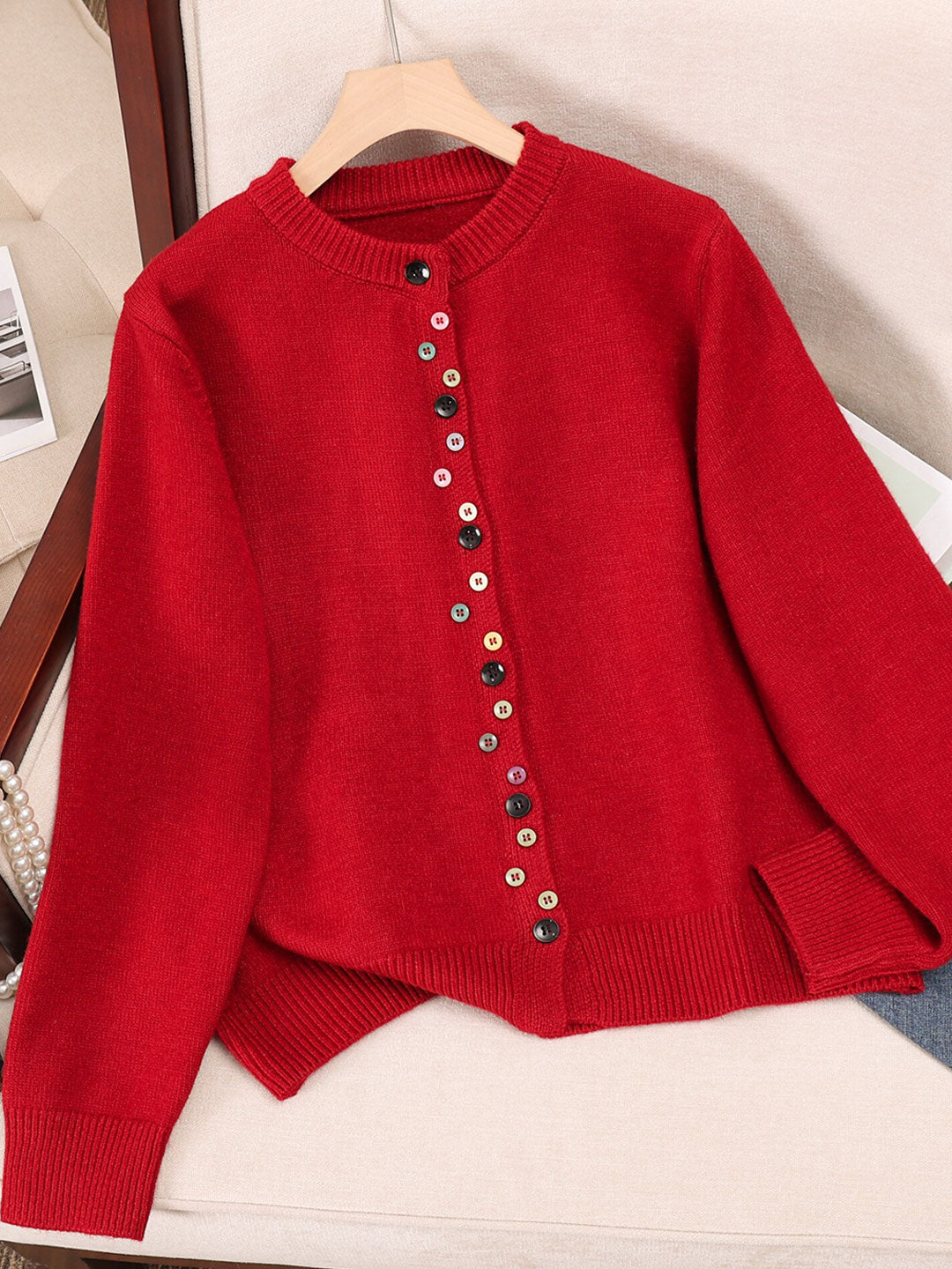 Aaliyah Classic Crew Neck Buttoned Knitted Cardigan-Red