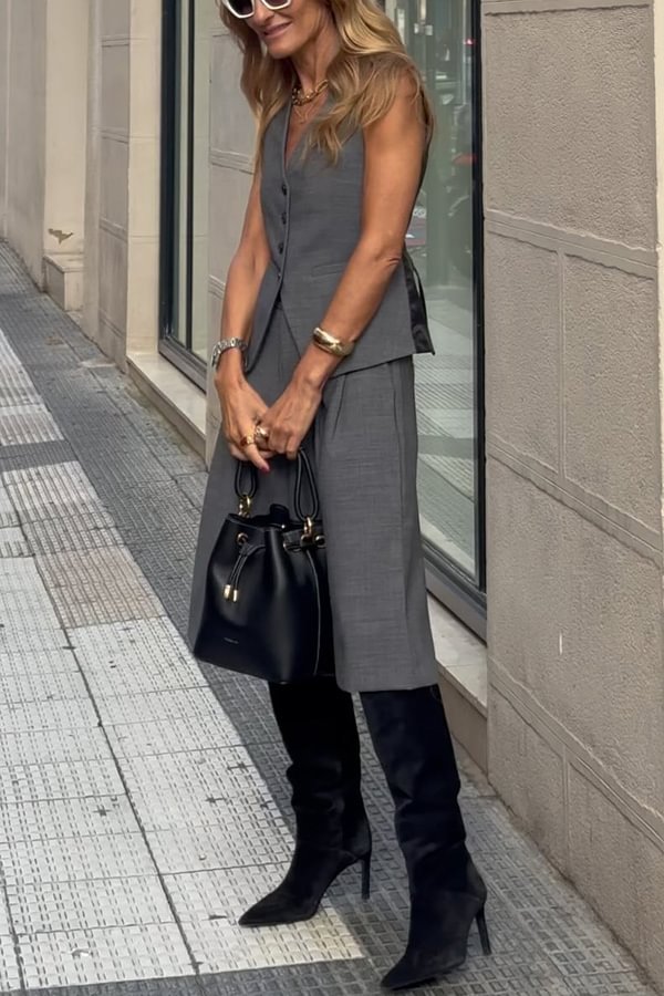 Office Social Button Back Tie-up Vest and Pocketed Wide Leg Midi Pants Set