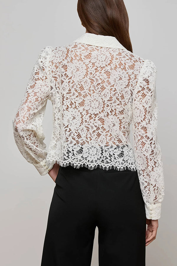Paris Trends Floral Lace Puff Shoulder Button Long Sleeve Blouse