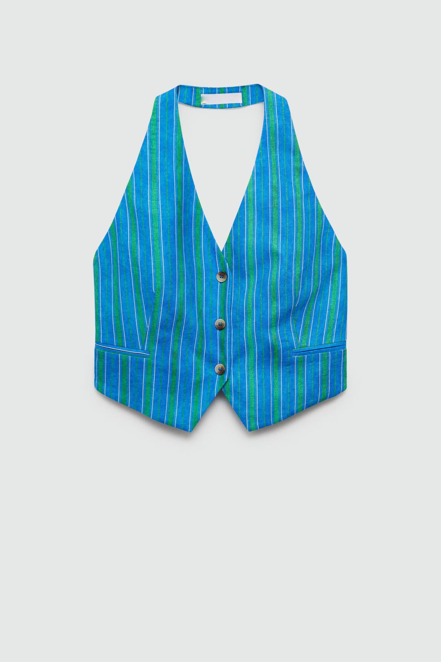 Linen Blend Striped Button Halter Backless Vest and Elastic Waist Pocket Pants Set