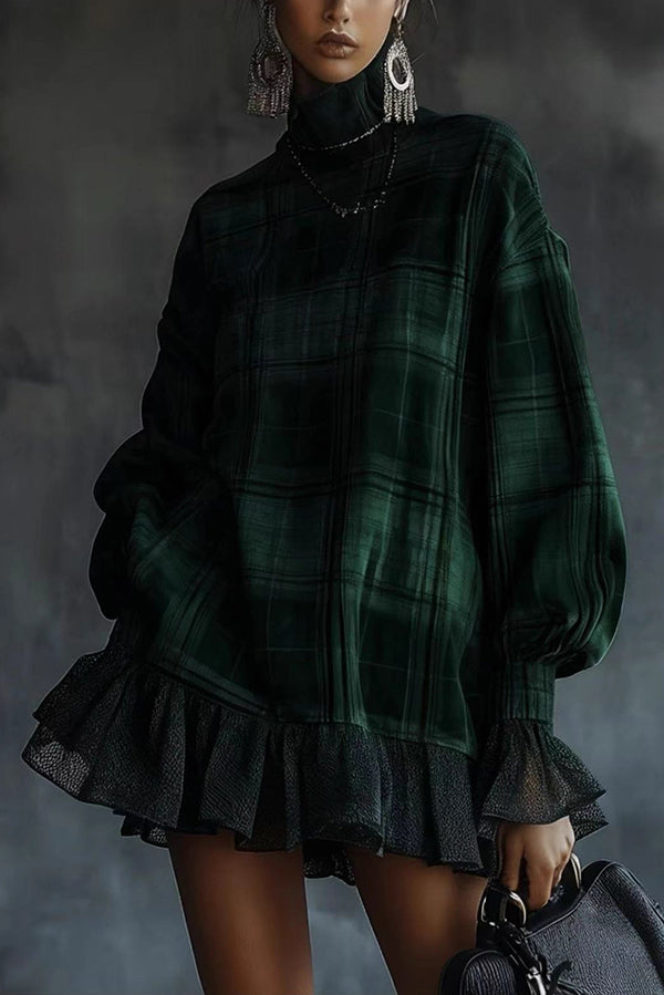 Plaid Print High-Neck Long-Sleeve Loose Ruffle Mini Dress