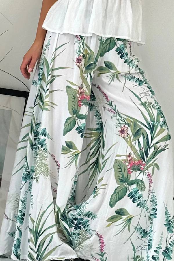 Summer Garden Botanical Print Smocked Waist Wide Leg Palazzo Pants