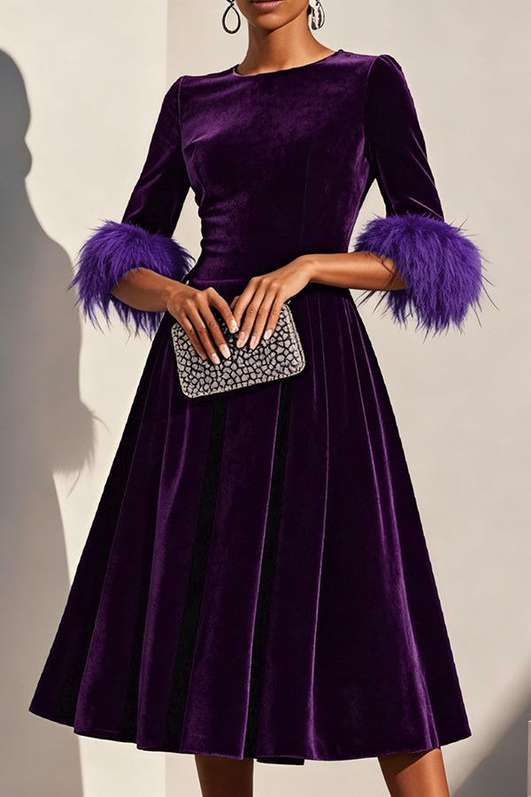 Solid Color Velvet Feather Half Sleeves Elegant Fitted Waist Midi Dress