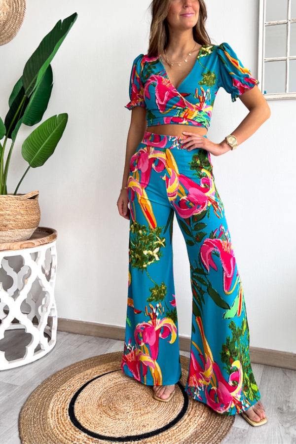 Floral Print V Neck Short Sleeves Crop Top Elastic Waist Wide Leg Pants Set