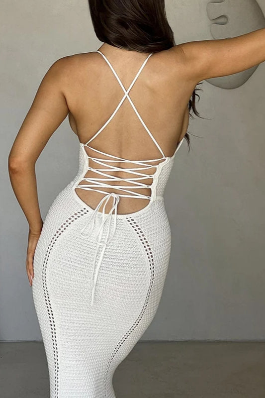 Crochet Plunging V-Neck Spaghetti Strap Corset Paneled Maxi Dress