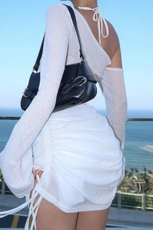 Asymmetric Cold-Shoulder Halter Layered Ruched Drawstring Mini Dress