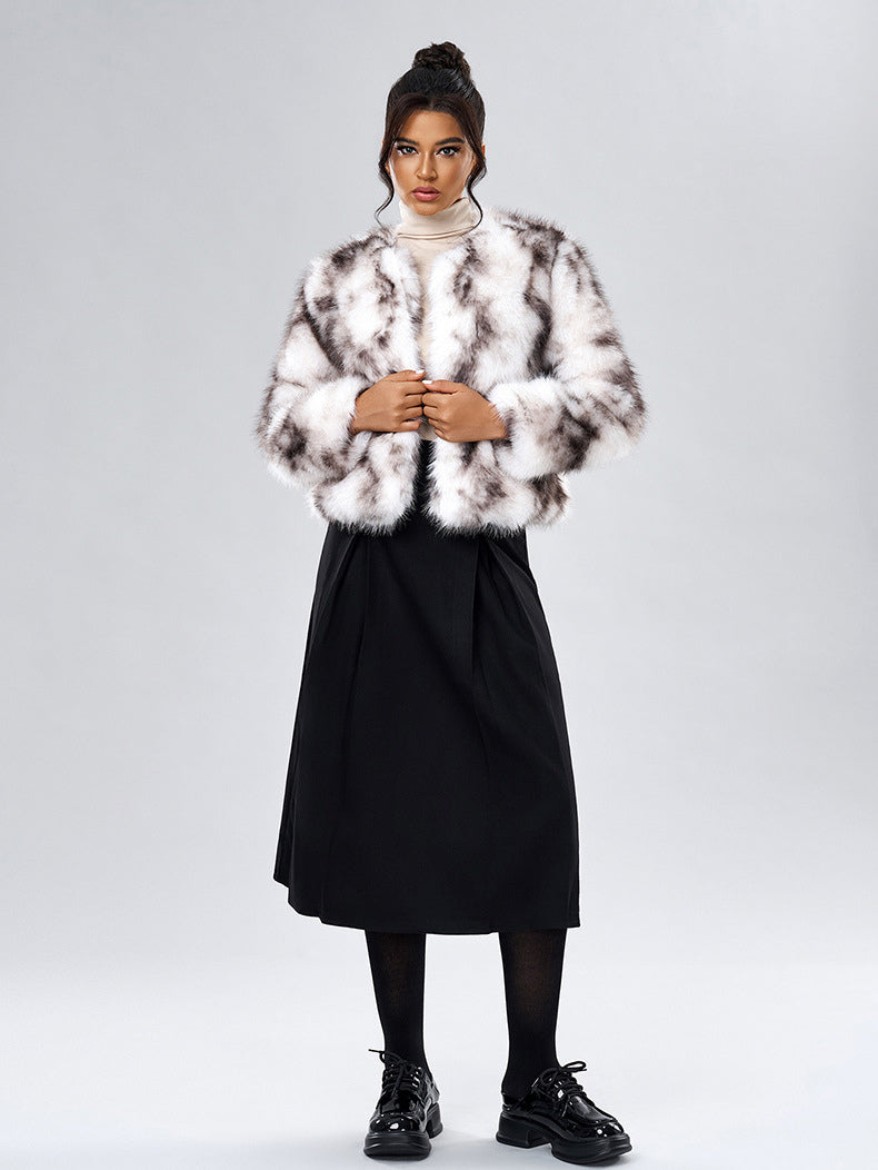 Faux Fur Coats Long Sleeves Casual Faux Fur Jacket Jewel Neck White Women Coat