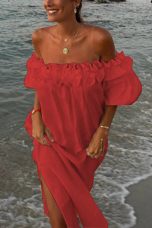 Linen Blend Off Shoulder Ruffle Puff Sleeve Pocketed Midi Dress