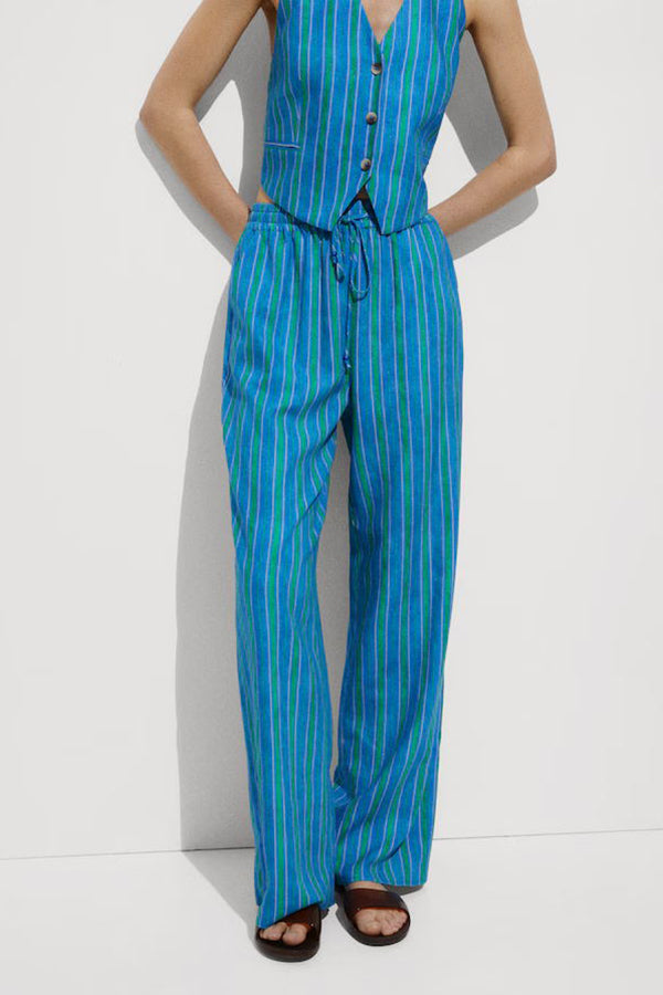 Linen Blend Striped Button Halter Backless Vest and Elastic Waist Pocket Pants Set