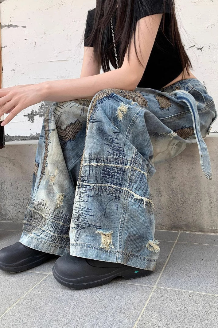 Grunge Embroidered Denim Jeans