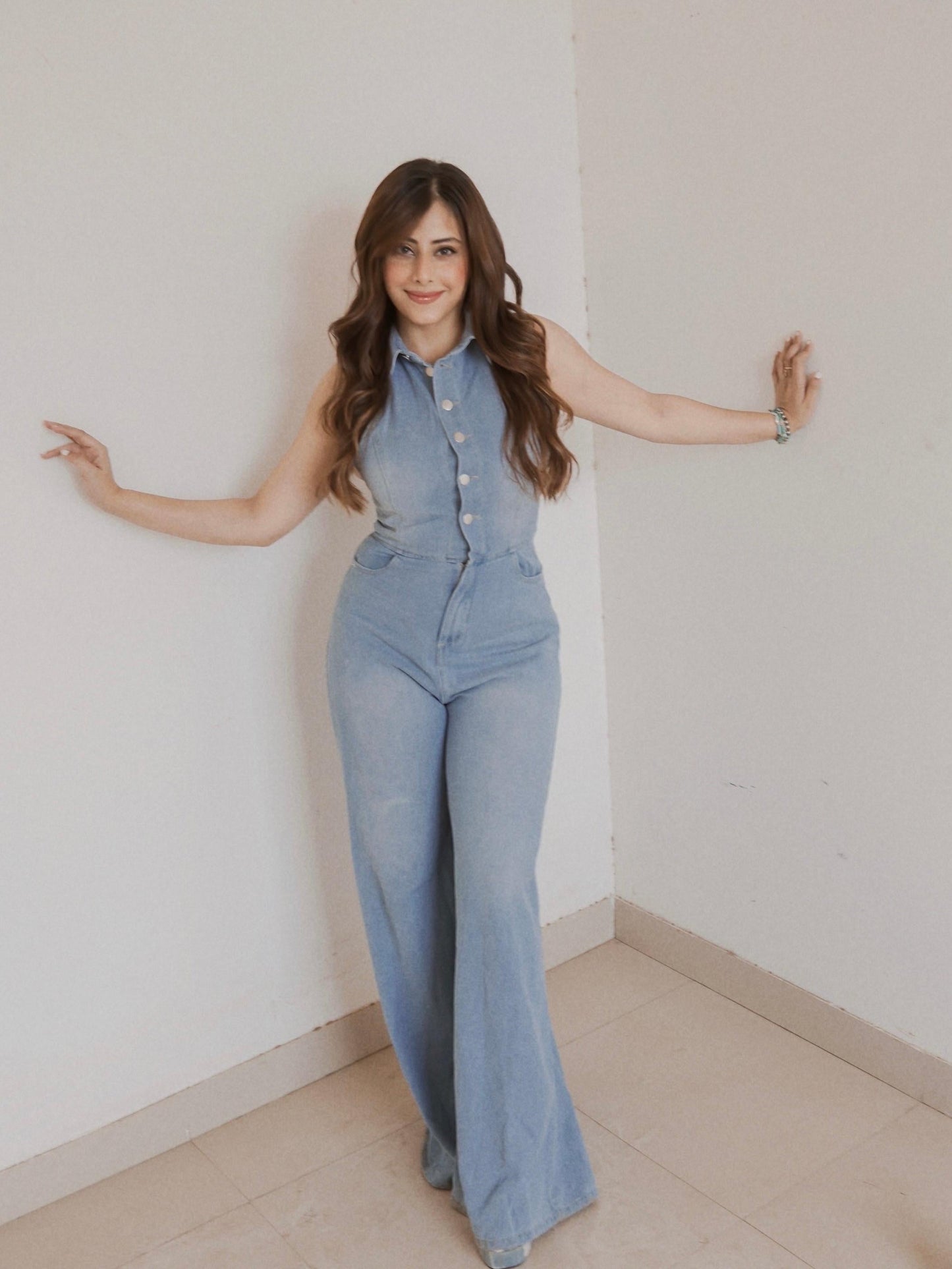 Halterneck Backless Denim Jumpsuit