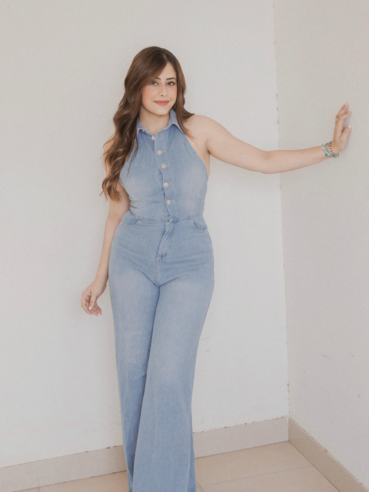 Halterneck Backless Denim Jumpsuit