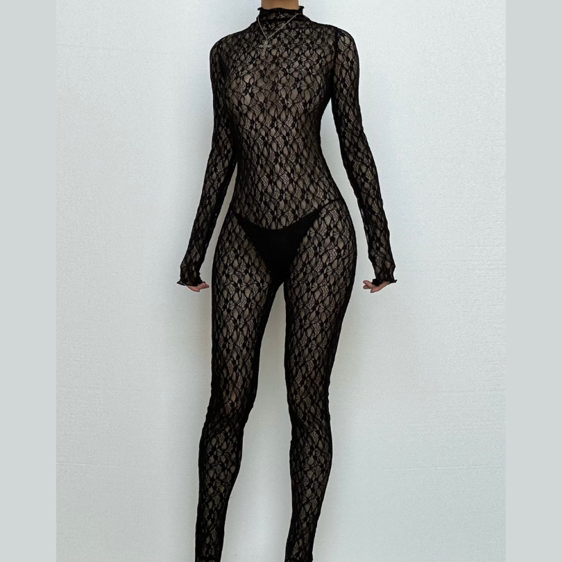 Long sleeve lace high neck zip-up see through jumpsuit