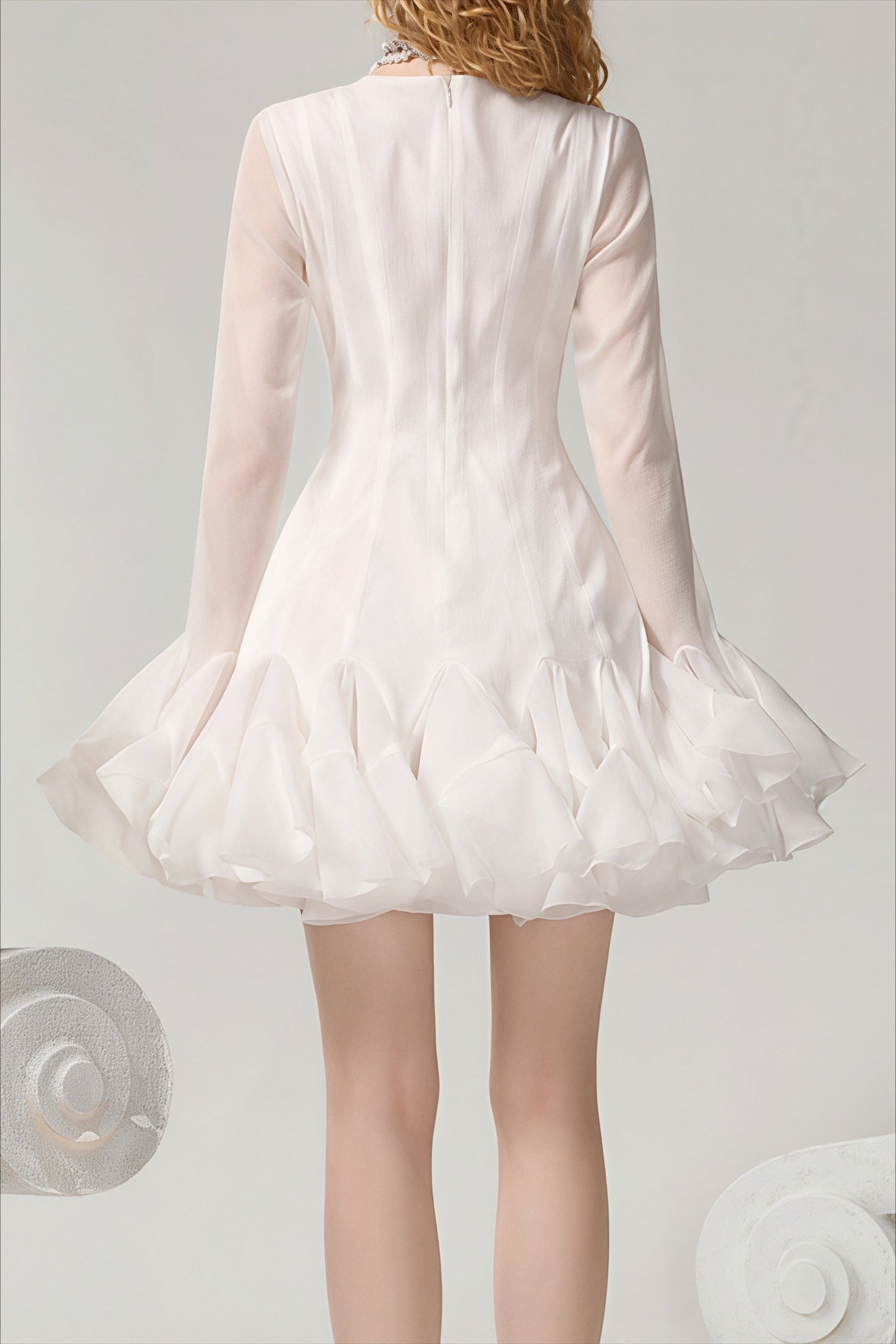 High Neck Button Front Long Sleeve Tiered Ruffle Flounce Mini Dress