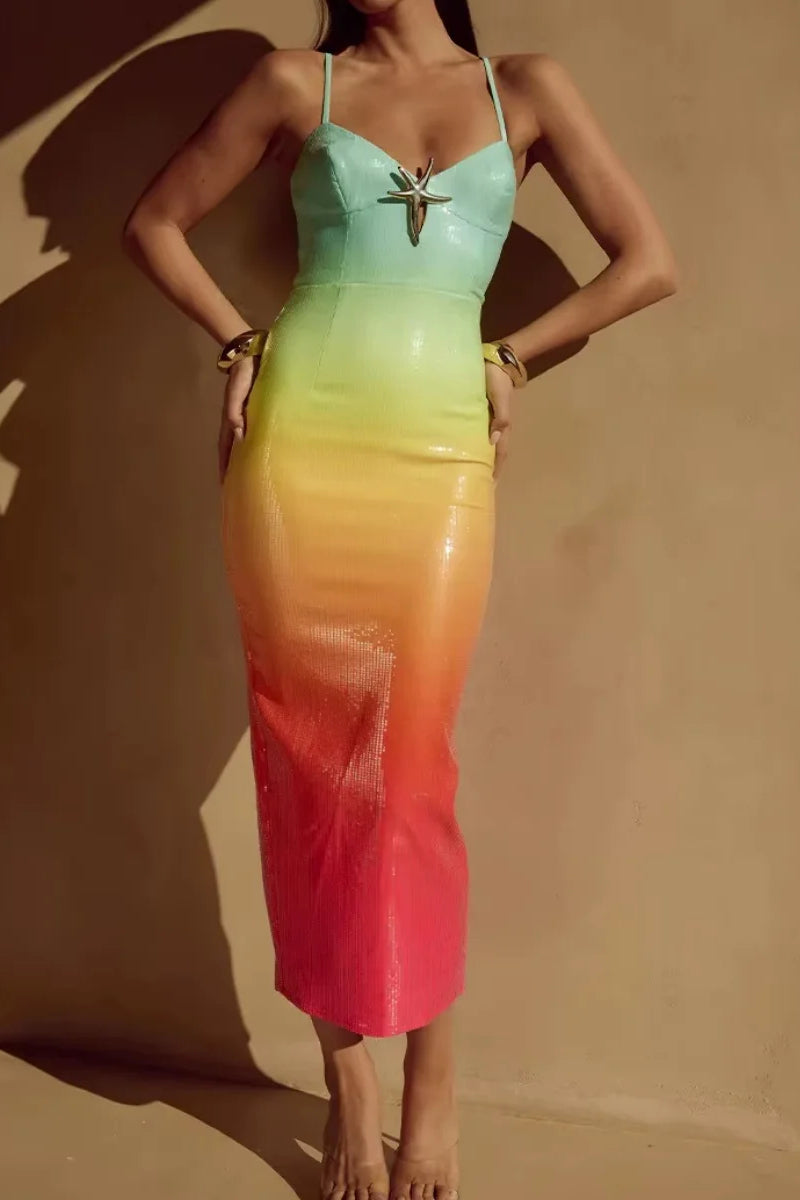 Gradient Sequin Spaghetti Strap Starfish Detail Bodycon Maxi Dress