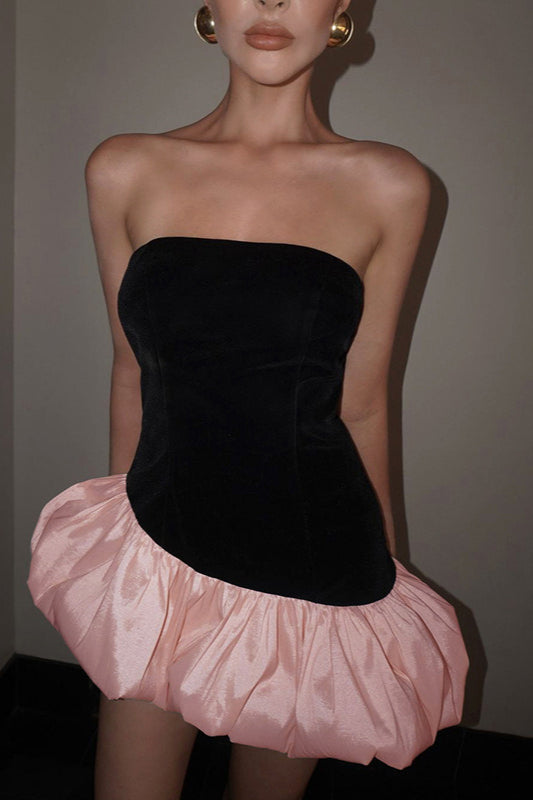 Velvet Paneled Strapless Bubble Hem Mini Dress