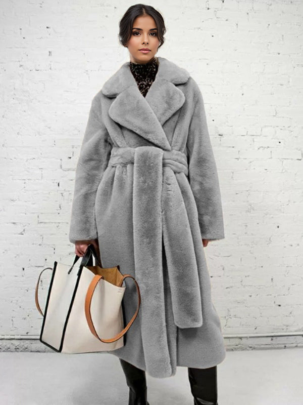 Longline Fux Fur Coat Notched Lapel Belted Eco-friendly Winter Jacket 2026