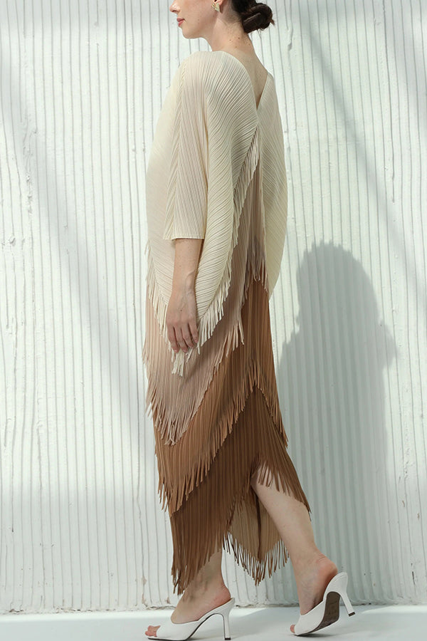 Fashionable Color-blocked Multi-layered Tassel Loose Midi Dress