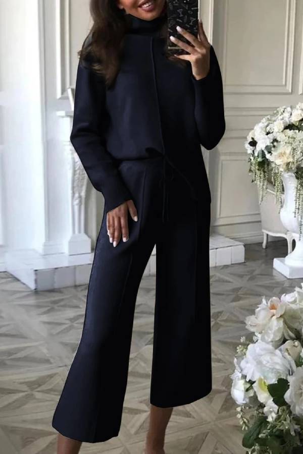 Casual High-neck Knitted Wide-leg Pants Two-piece Suits