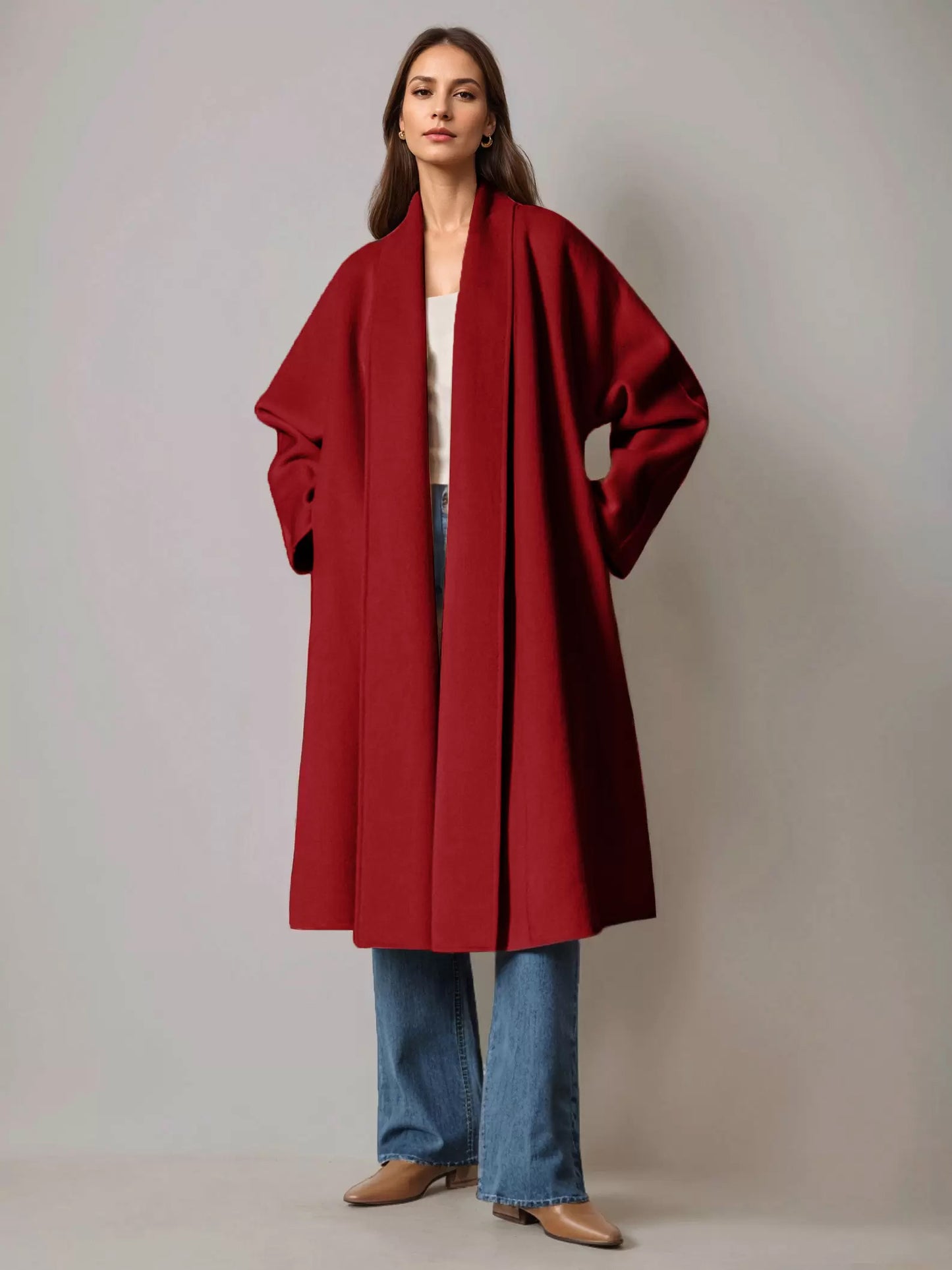 Burgundy Wool Cashmere Blend Wrap Coat For Woman Lapel Elegant Belted Double-Faced Winter Outerwear 2026