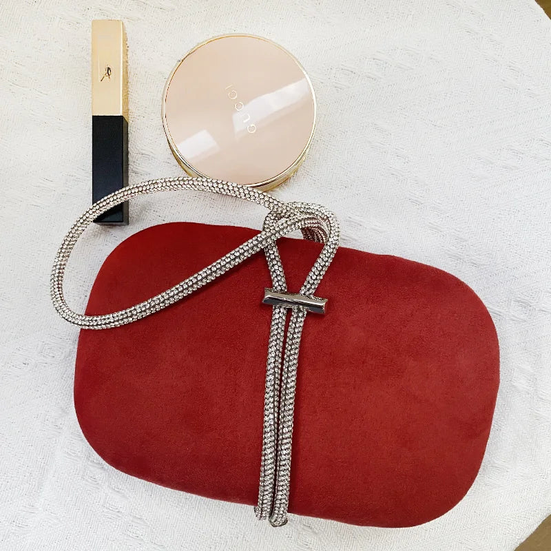 Luxury Red Velvet Crystal Handle Evening Wedding Tote Handbag
