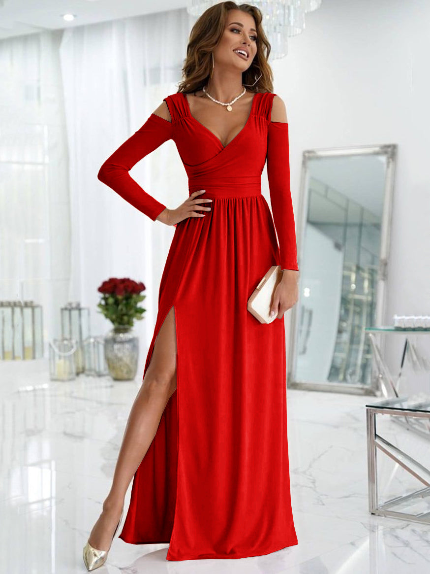 Maxi Dress V-Neck Cold Shoulder Layered Cut Out Sexy Slit Prom Dress