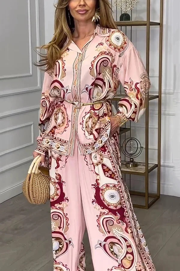 Unique Print Lapel Long Sleeve Tie Waist Shirt and Elastic Waist Pocket Wide Leg Pants Set