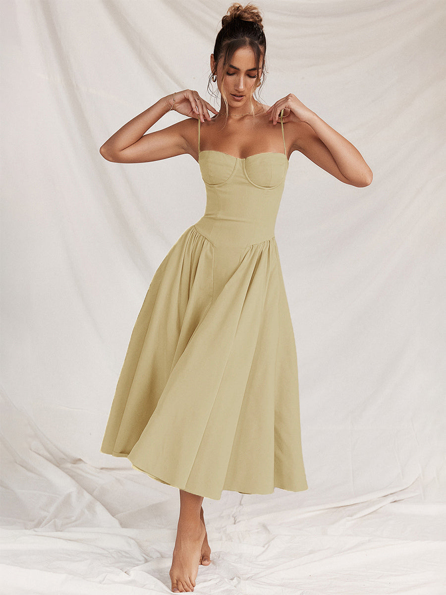 Soft Pink Corset Dress Spaghetti Strap Backless Pleated Cottagecore Midi Dress 2026