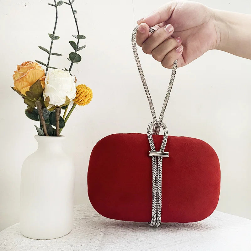Luxury Red Velvet Crystal Handle Evening Wedding Tote Handbag