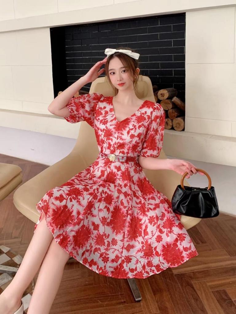 Floral A Line Dress with Belt