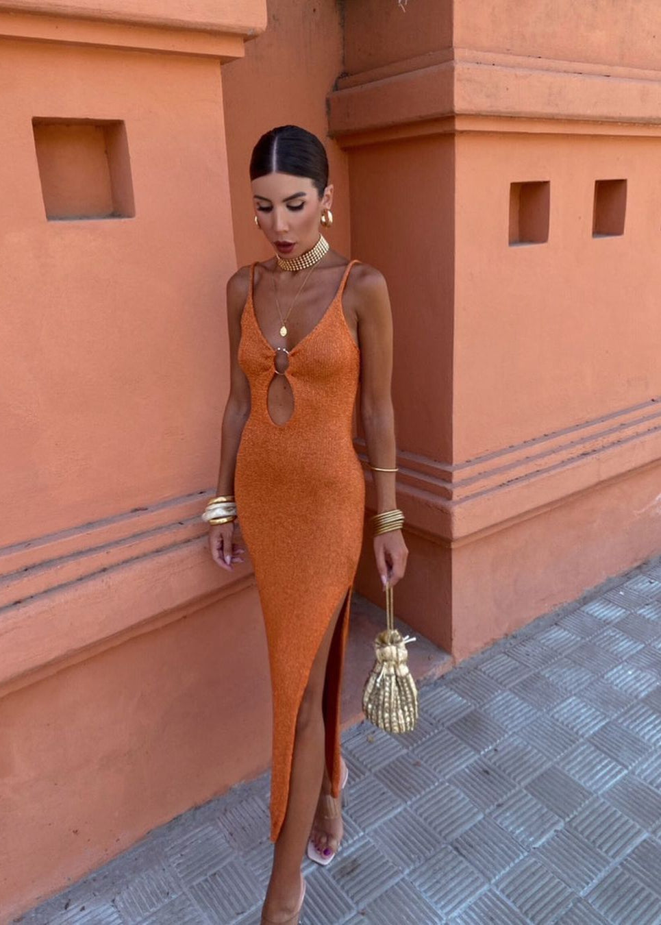 Sienna Ring Detail Knit Maxi Dress – Rust Bodycon with Side Slit