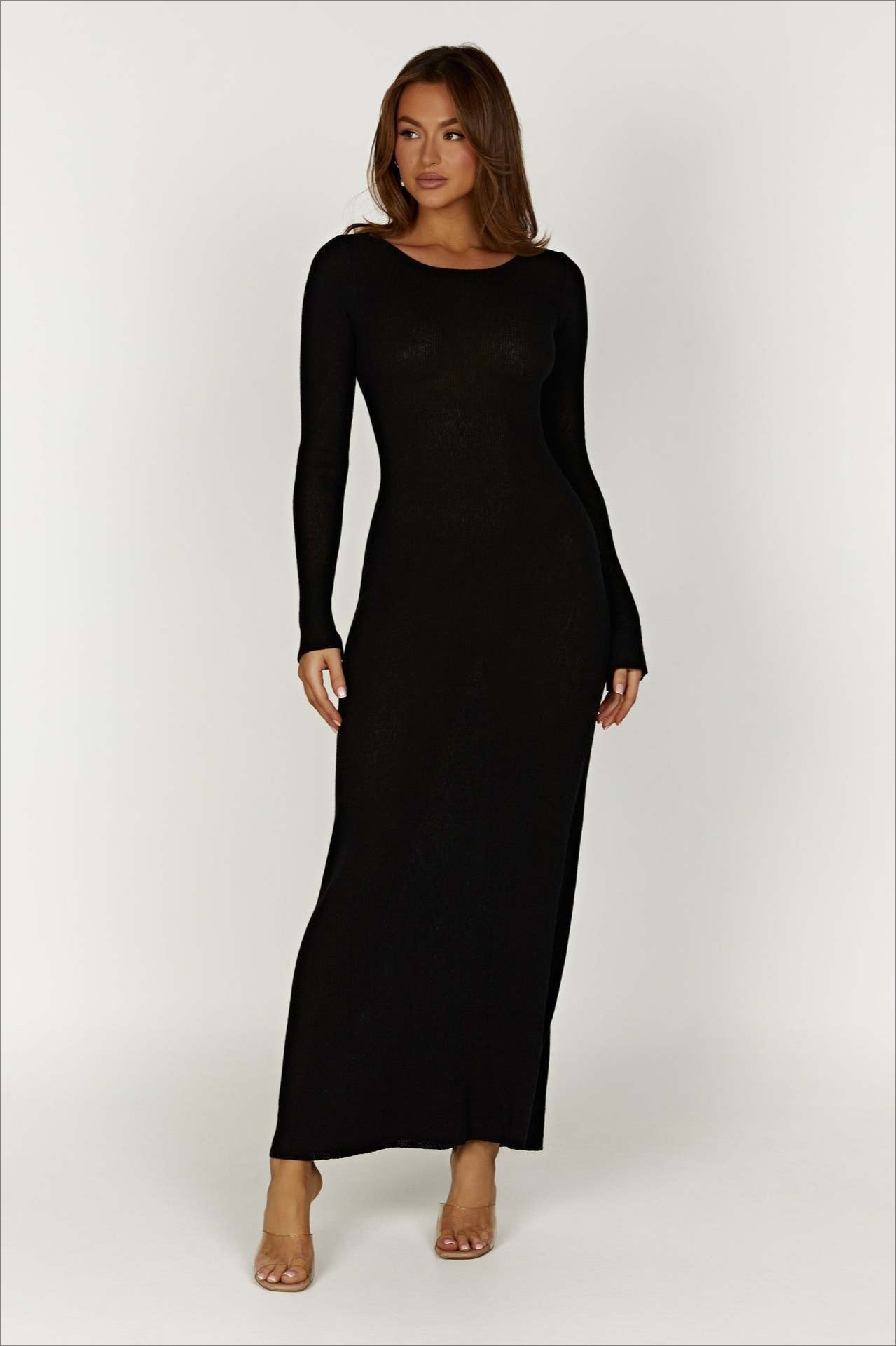 Sexy Knit Backless Tie Waist Long Sleeve Bodycon Dress