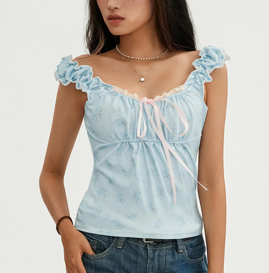 Floral Lace Patchwork Sleeveless Slim Fit Club Crop Vest