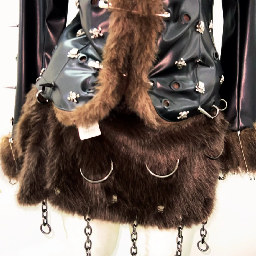 2 piece long sleeve fluffy o ring PU leather mini skirt set