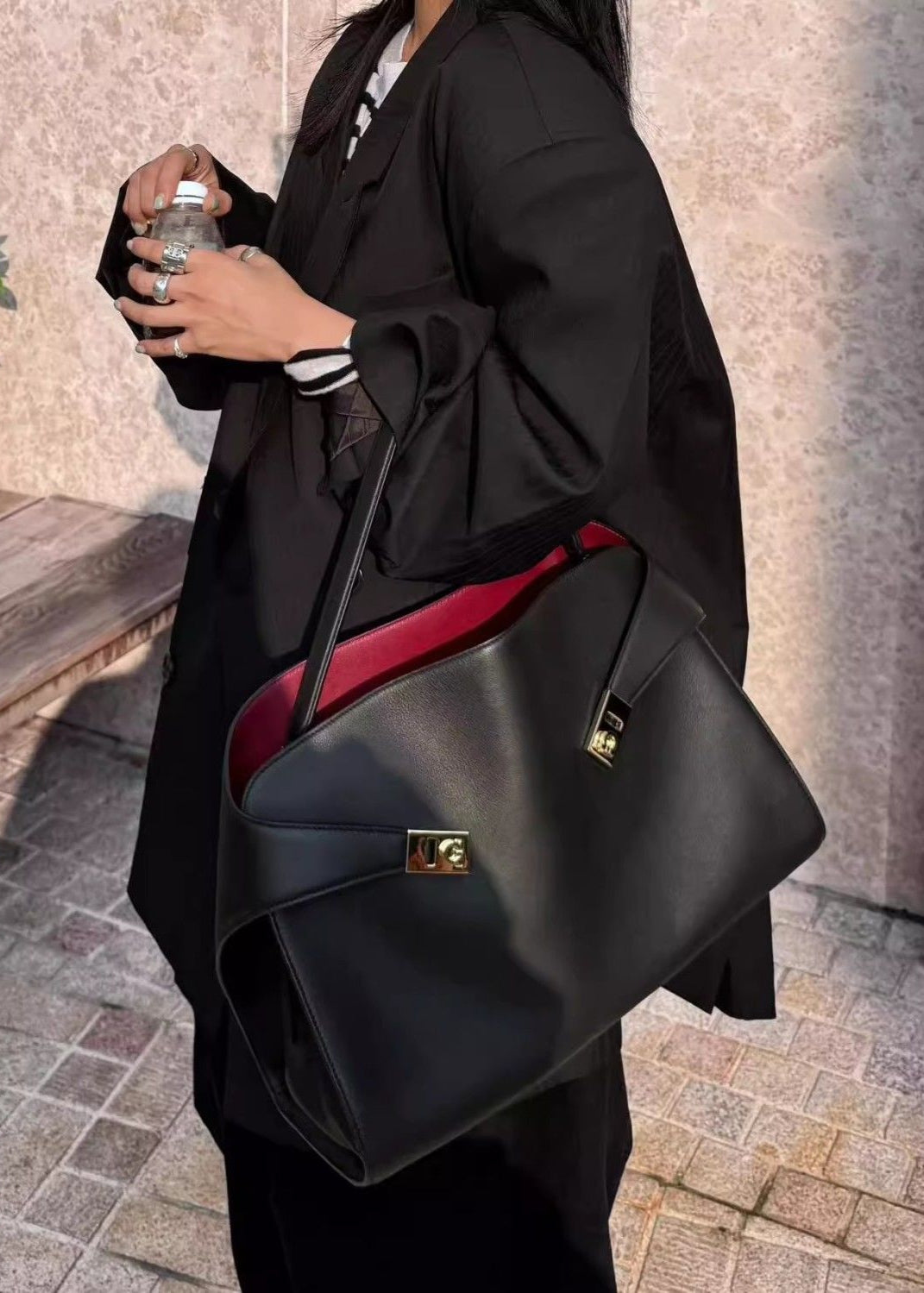 Aurora - Black Leather Tote Bag with Gold Accents