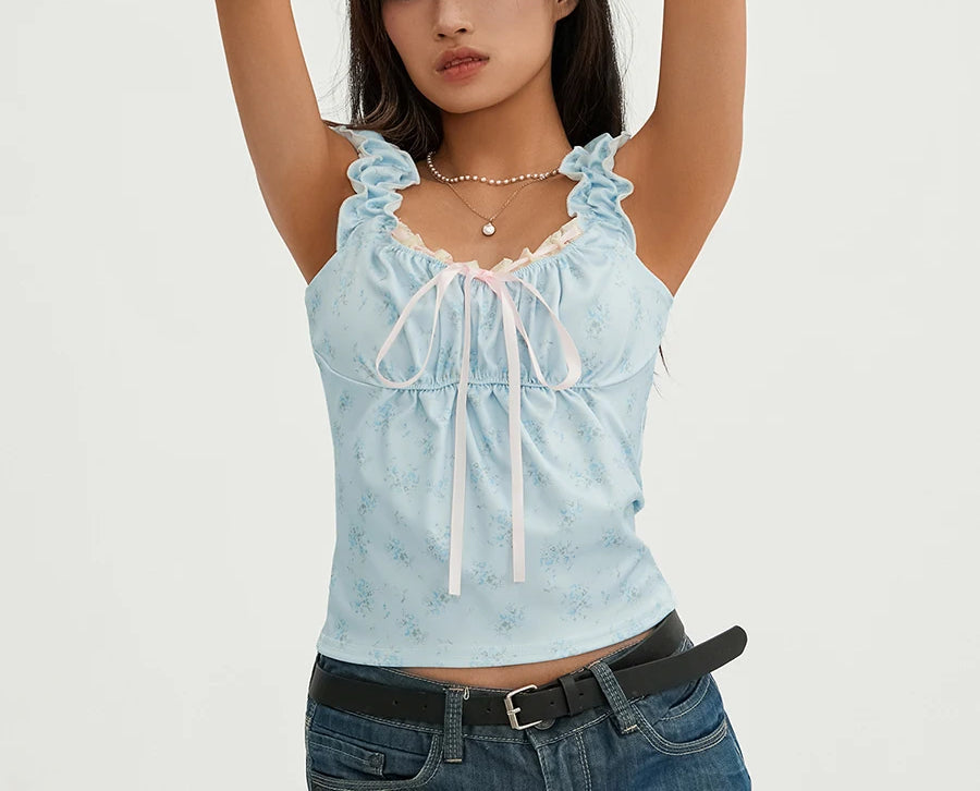 Floral Lace Patchwork Sleeveless Slim Fit Club Crop Vest