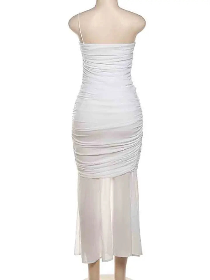 White Mesh Speaghetti Strap Fishtail Slit Dress