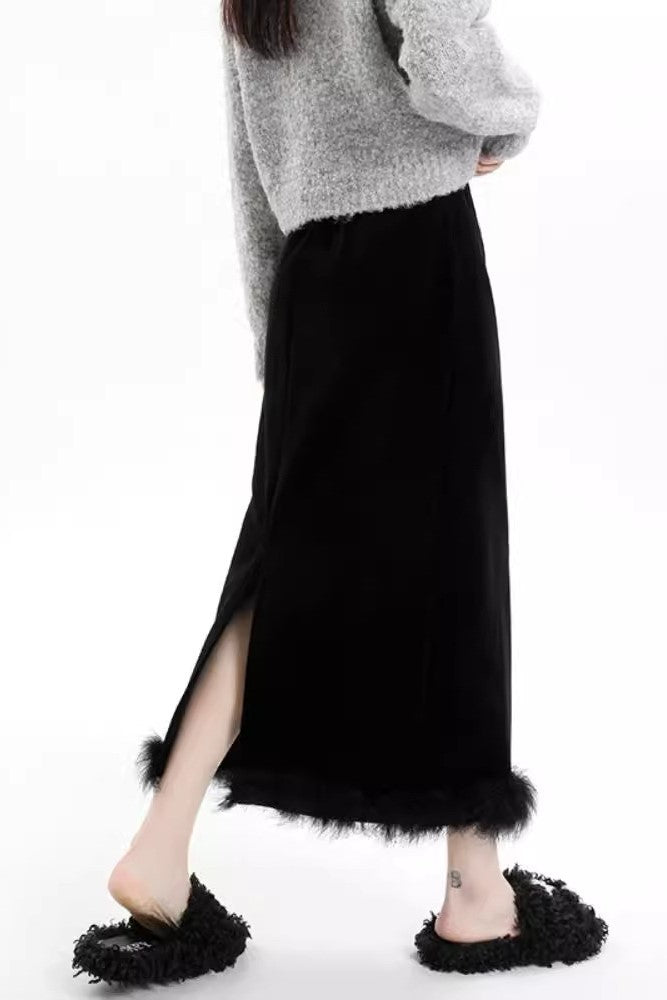 Nera Velvet Faux Fur Trimmed Midi Skirt