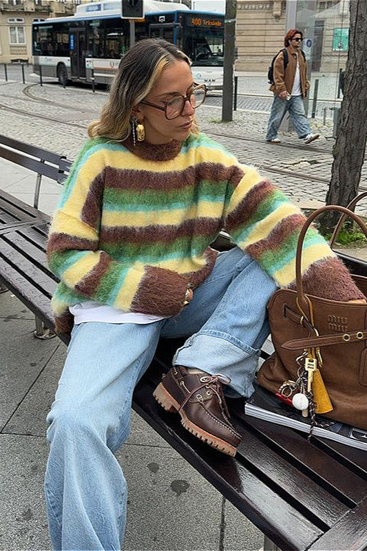 Slouchy Colorful Striped Crewneck Loose Knit Sweater