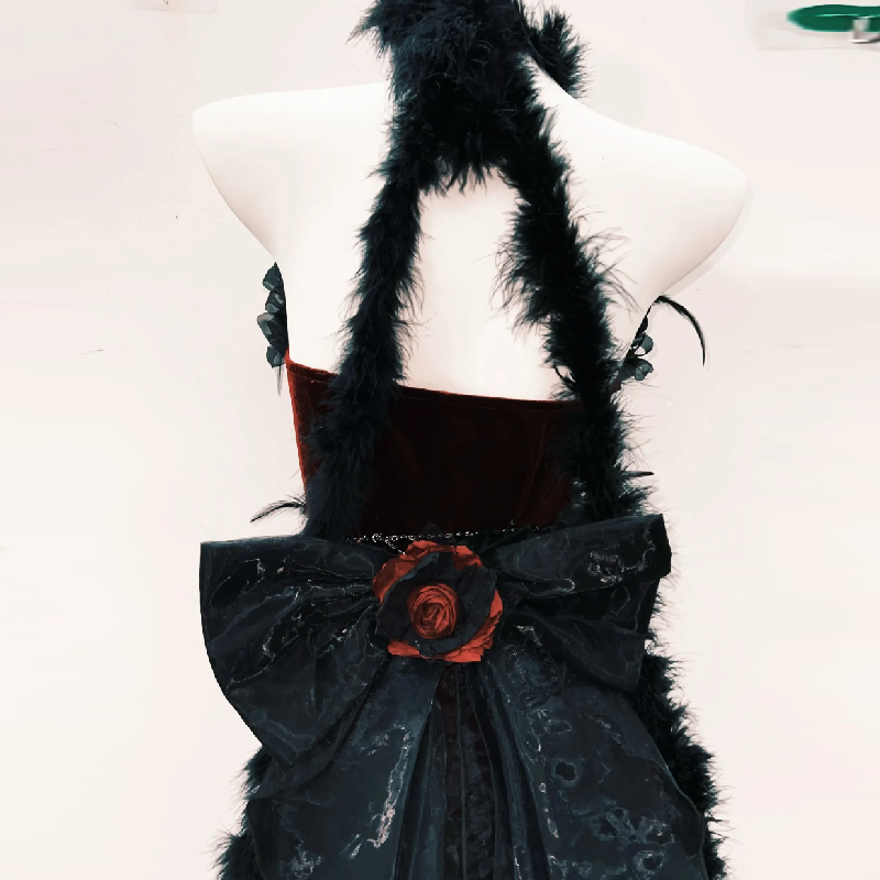 Halter feather flower applique bowknot ruffle maxi dress