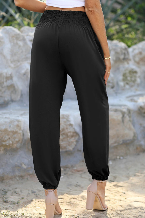 Black Pocketed Smocked High Waist Joggers