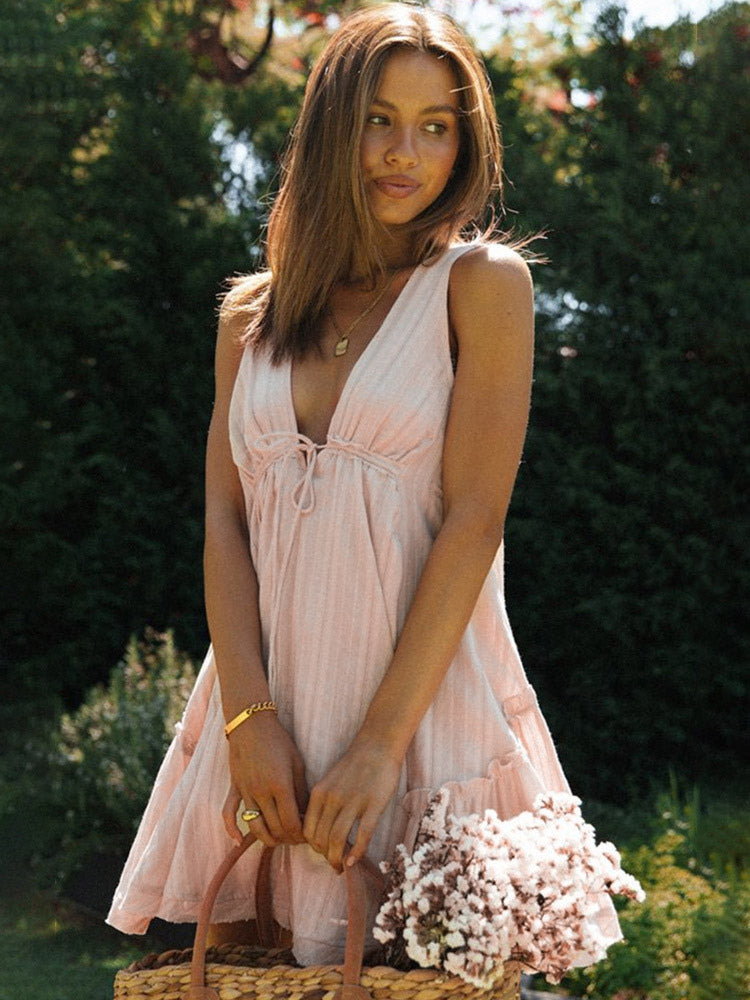 Cotton Sleeveless Babydoll Dress for Women - Boho V Neck Backless A-line Mini Sun Dress - Summer Beach Vacation 2026